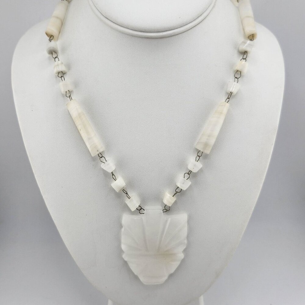 Vintage White Carved Agate Necklace Tribal Mask Necklace Mexico